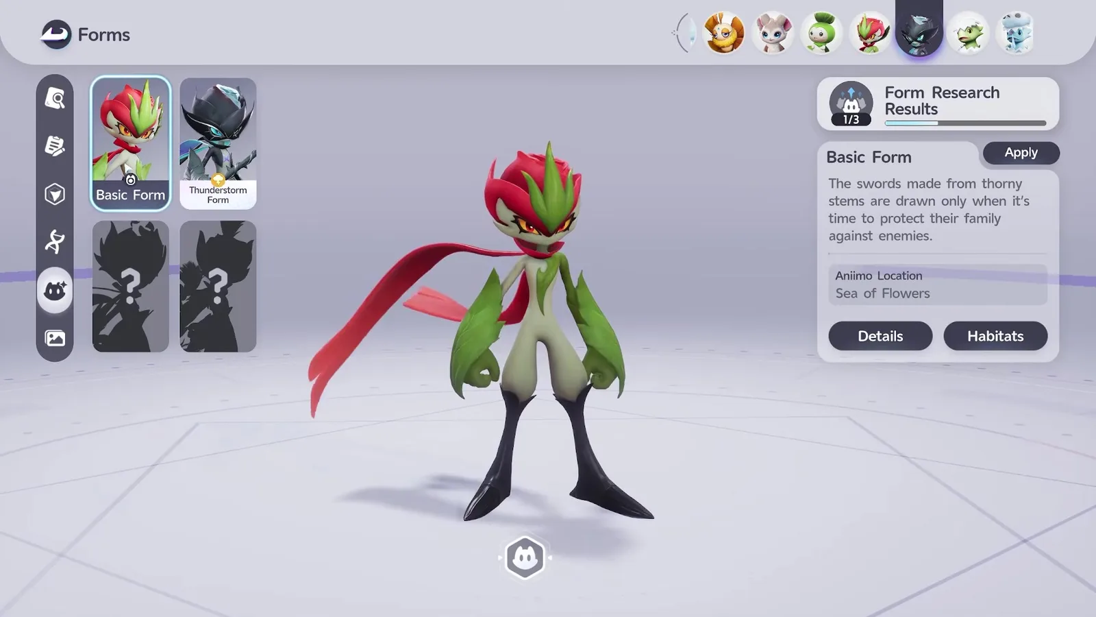 The Aniimo Forms screen for Thornblade with the Basic Form tile selected, showing the red and green Thornblade model and the line The swords made from thorny stems are drawn only when it’s time to protect their family against enemies