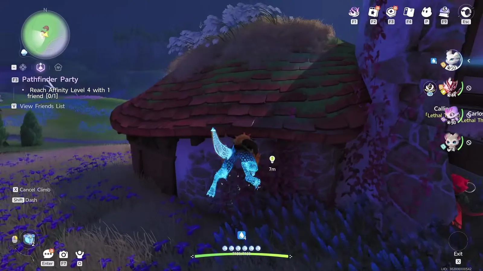 A small stone house with a red tiled roof and a grass topped roof ridge, surrounded by purple irises in the Sea of Flowers at night in the rain, with a Pathfinder climbing its wall