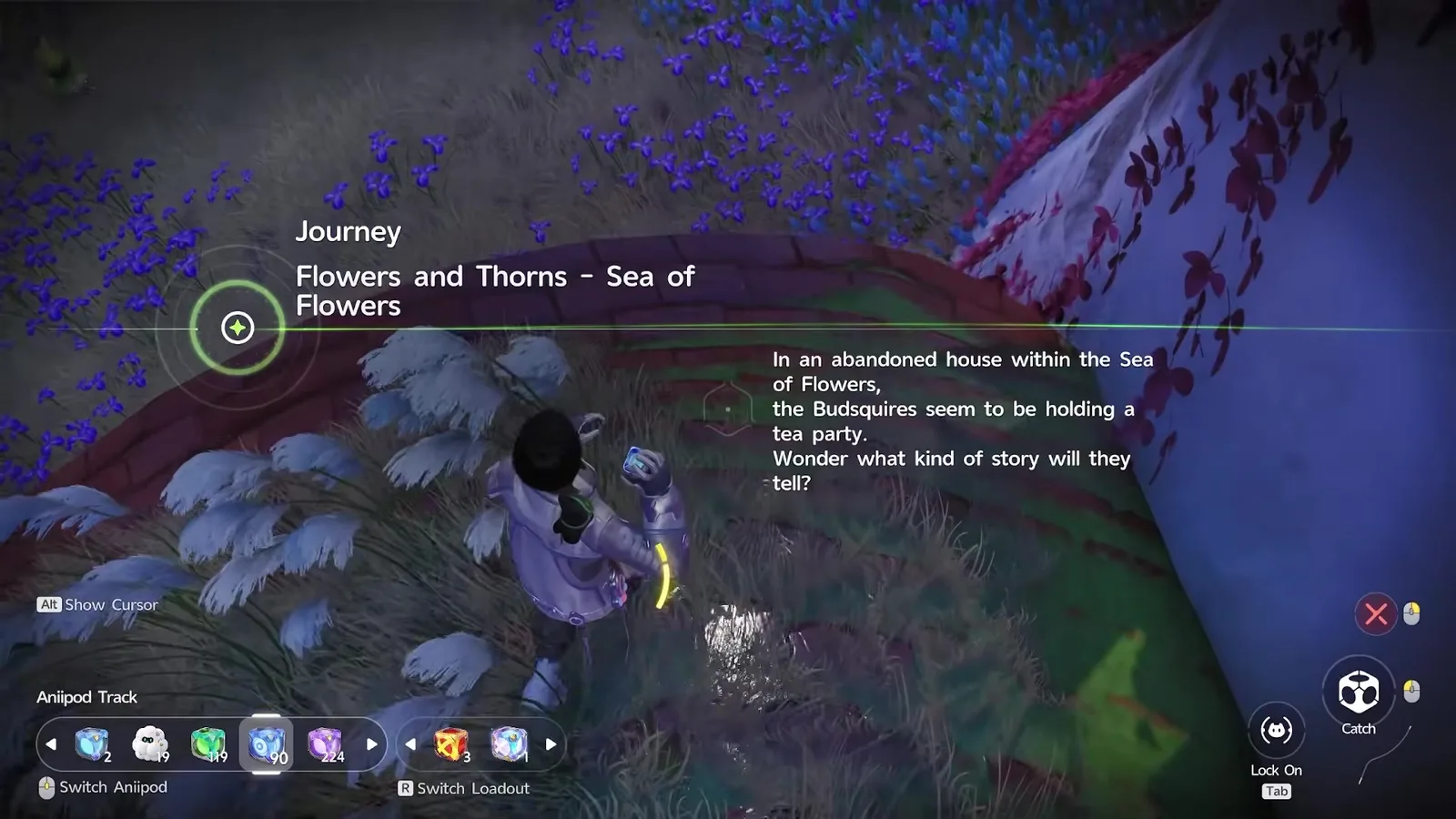 Top down view in Aniimo of a Pathfinder crouched on the red tiled roof of the abandoned house, the dark Thornblade just below on the far side, with the Journey banner Flowers and Thorns on screen