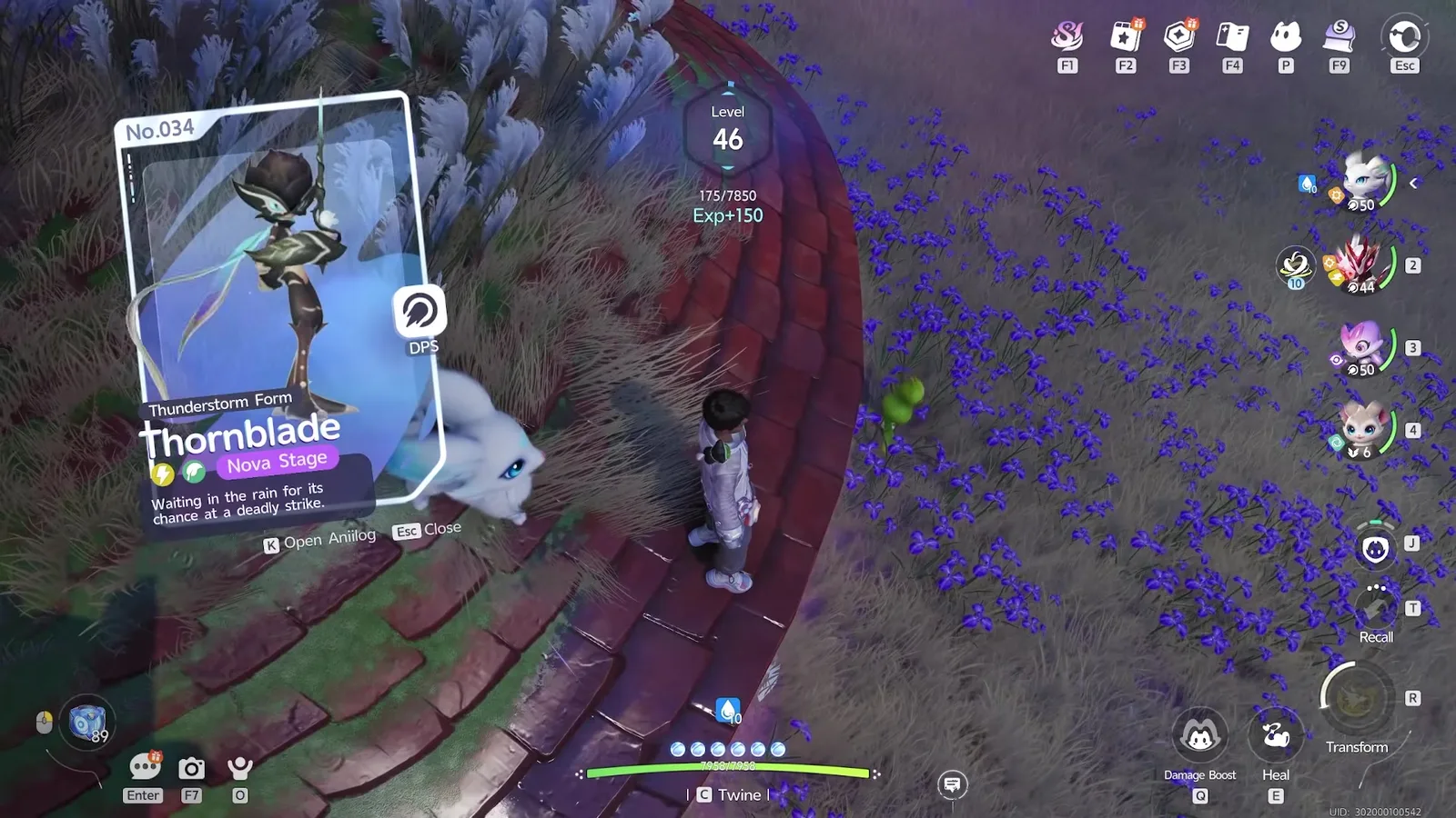 The Aniimo capture card for Thunderstorm Form Thornblade, Nova Stage, with the DPS role badge, Lightning and Grass element pips and the line Waiting in the rain for its chance at a deadly strike