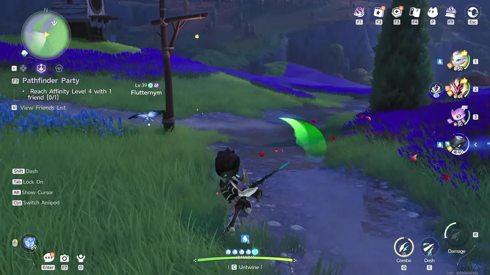 Thunderstorm Thornblade in combat in Aniimo, swinging a green edged blade arc at a level 39 Flutternym in a field of blue flowers at night