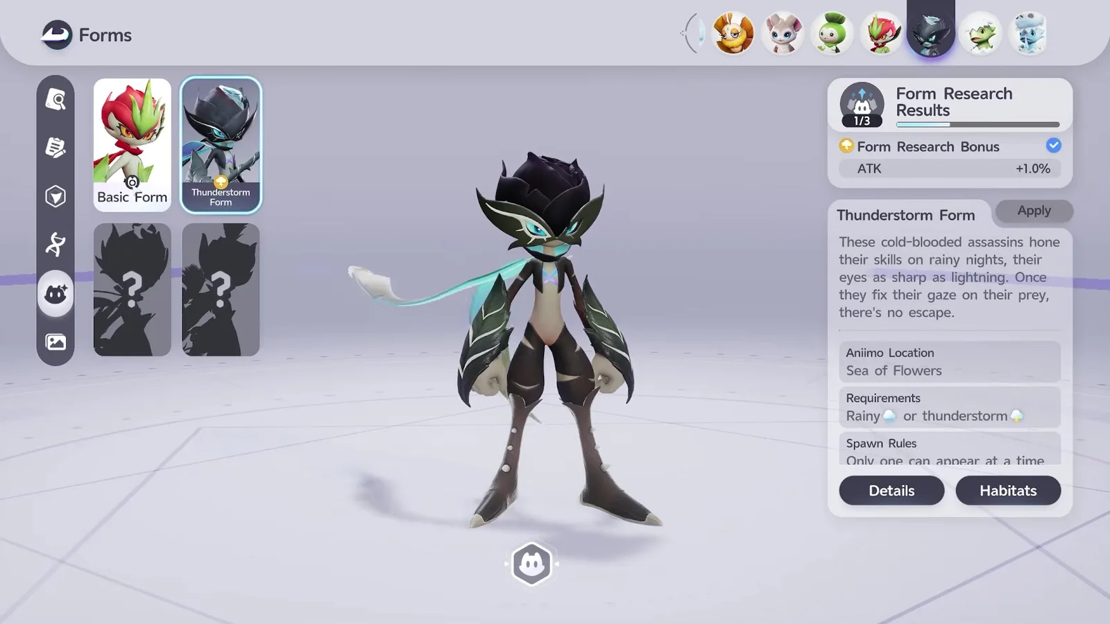 The Aniimo Forms screen for Thornblade with the Thunderstorm Form tile selected, its dark model on the platform, Form Research Results 1 of 3 and a Form Research Bonus of ATK plus 1.0 percent