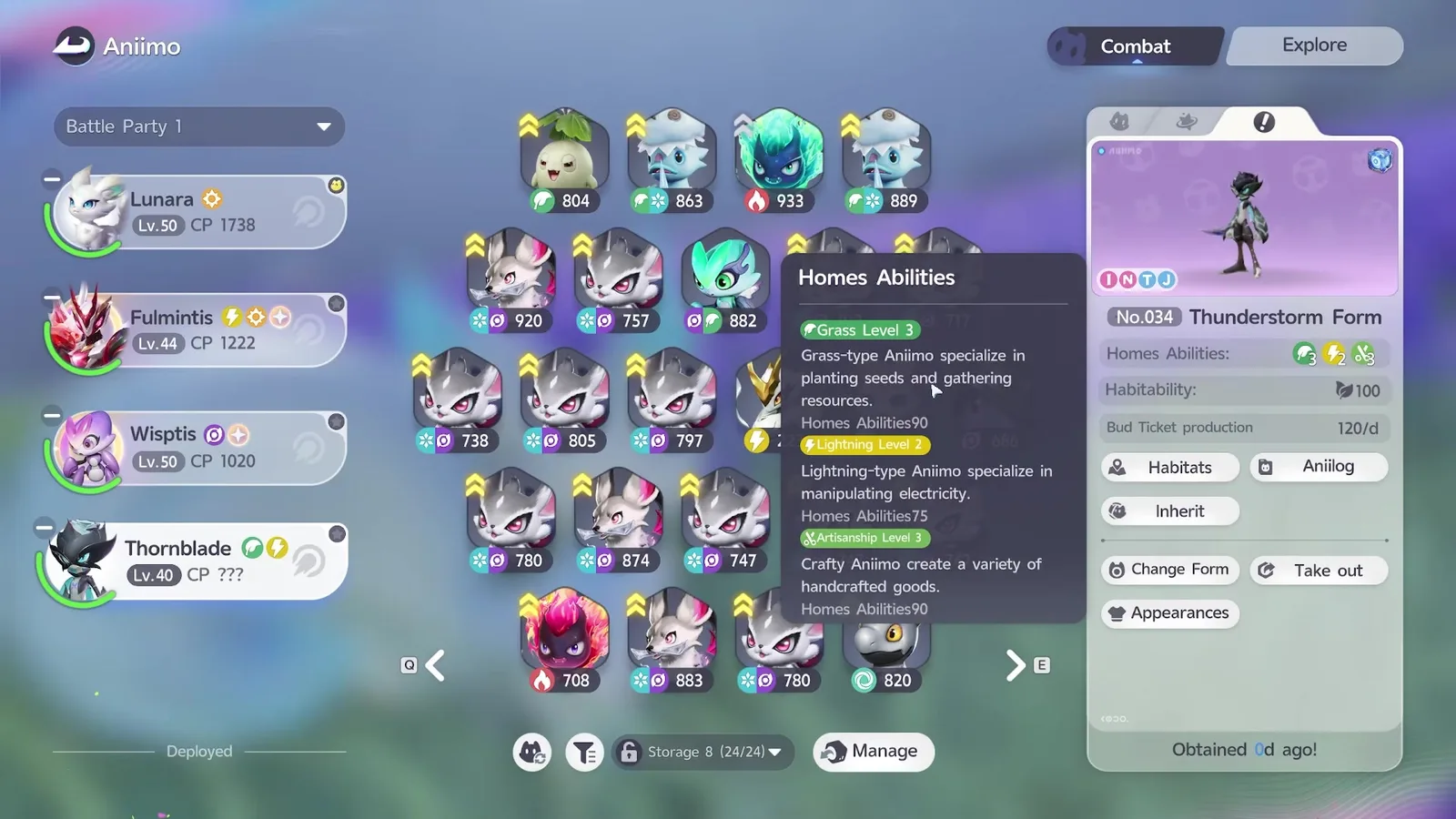 The Aniimo management screen with Thunderstorm Form Thornblade selected, the Homes Abilities tooltip listing Grass Level 3, Lightning Level 2 and Artisanship Level 3, with Habitability 100 and Bud Ticket production 120 per day