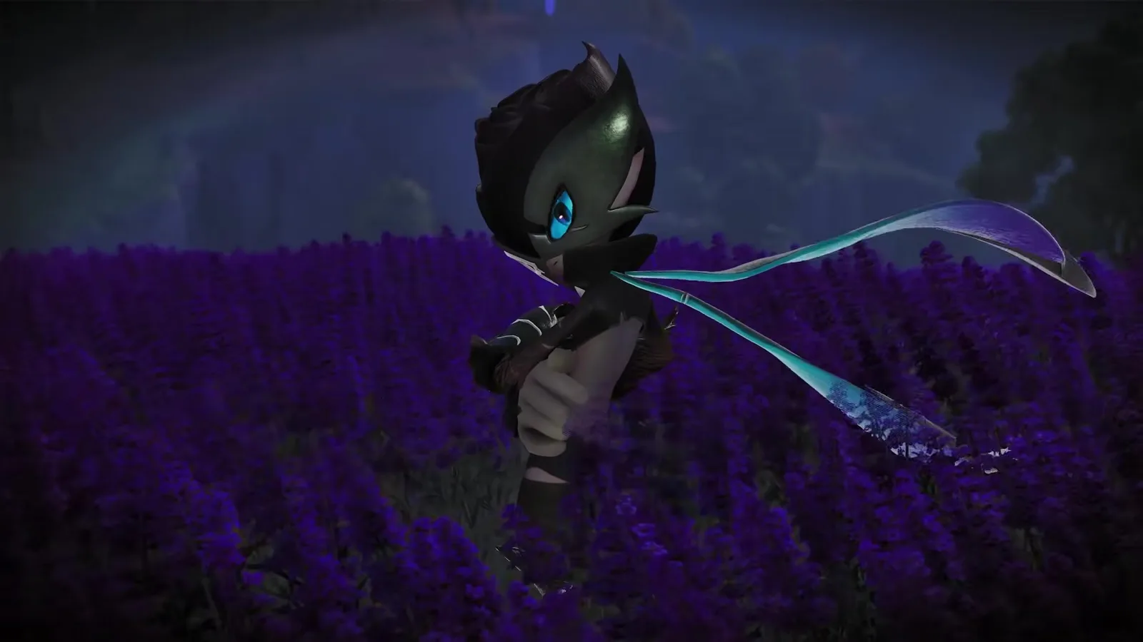 Close view of Thunderstorm Thornblade in Aniimo standing idle in a field of purple lavender at night, blue eyes lit, holding its pale blue thorn blade