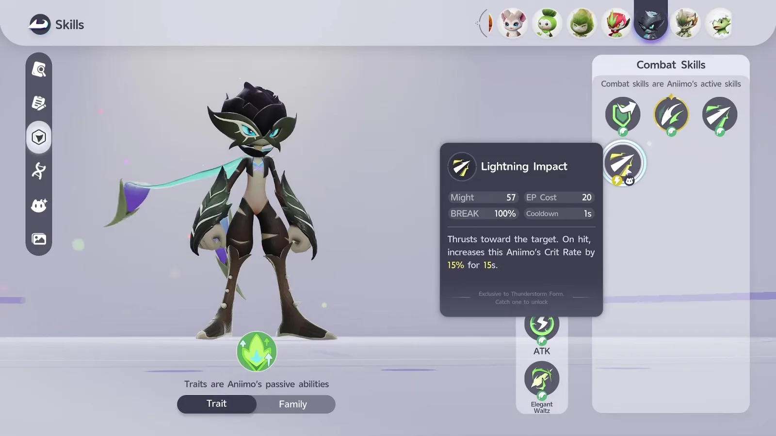 The Lightning Impact tooltip on the Aniimo Skills screen for Thunderstorm Thornblade, Might 57, EP Cost 20, Cooldown 1s, with the footnote Exclusive to Thunderstorm Form. Catch one to unlock