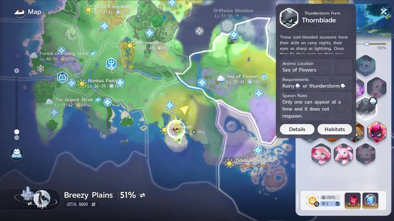The Aniimo world map with the Thunderstorm Form Thornblade card open, listing Aniimo Location Sea of Flowers, Requirements Rainy or thunderstorm, and Spawn Rules Only one can appear at a time and it does not respawn