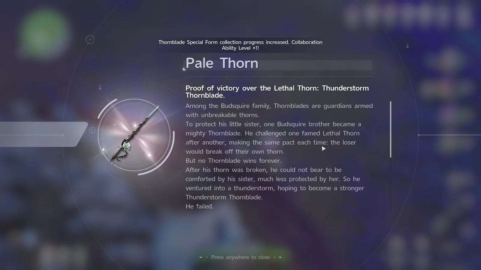 The Pale Thorn item screen in Aniimo, a dark twisted blade with a pale rose at its guard, headed Proof of victory over the Lethal Thorn Thunderstorm Thornblade
