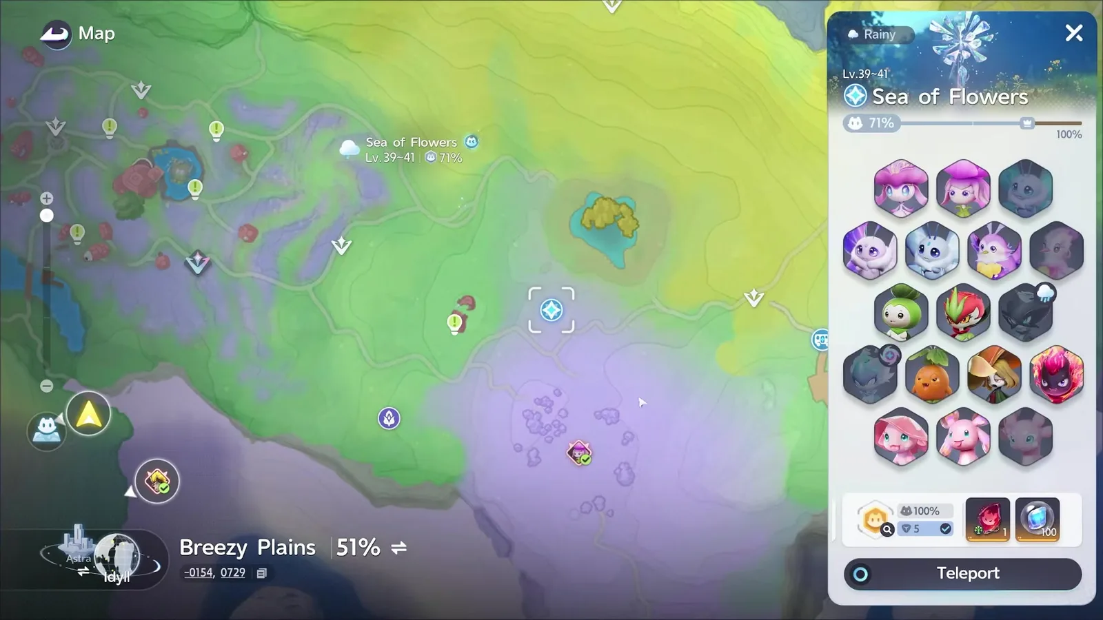 The Aniimo world map zoomed into the Sea of Flowers, the region panel headed Rainy above Lv.39~41 Sea of Flowers with a roster of Aniimo tiles and a Teleport button