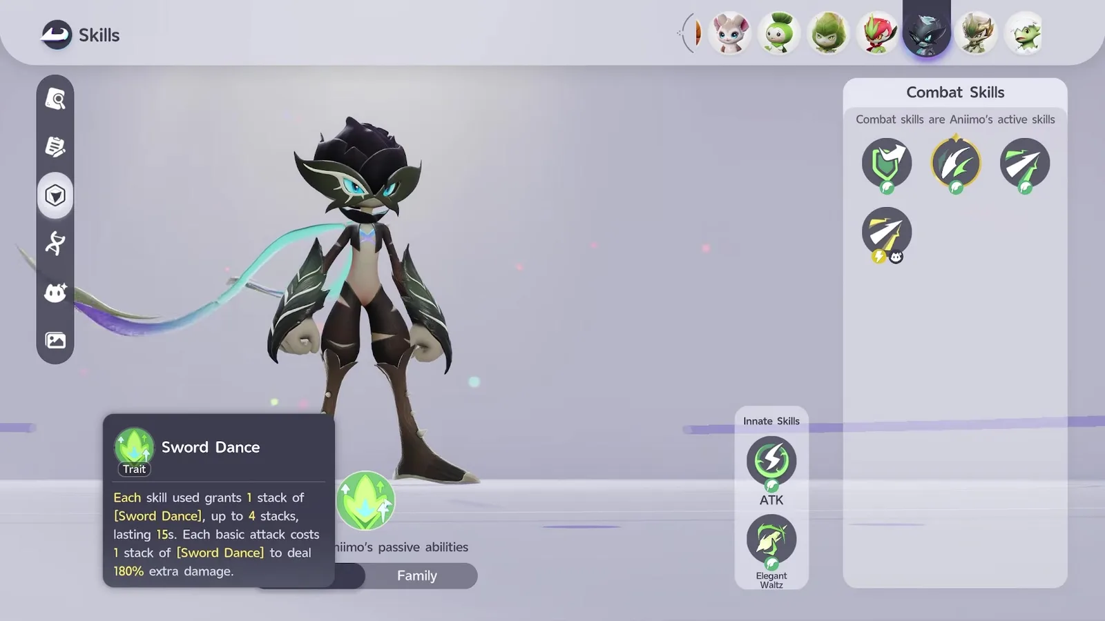 The Sword Dance trait tooltip on the Aniimo Skills screen, describing stacks granted by each skill use and spent by basic attacks for 180 percent extra damage