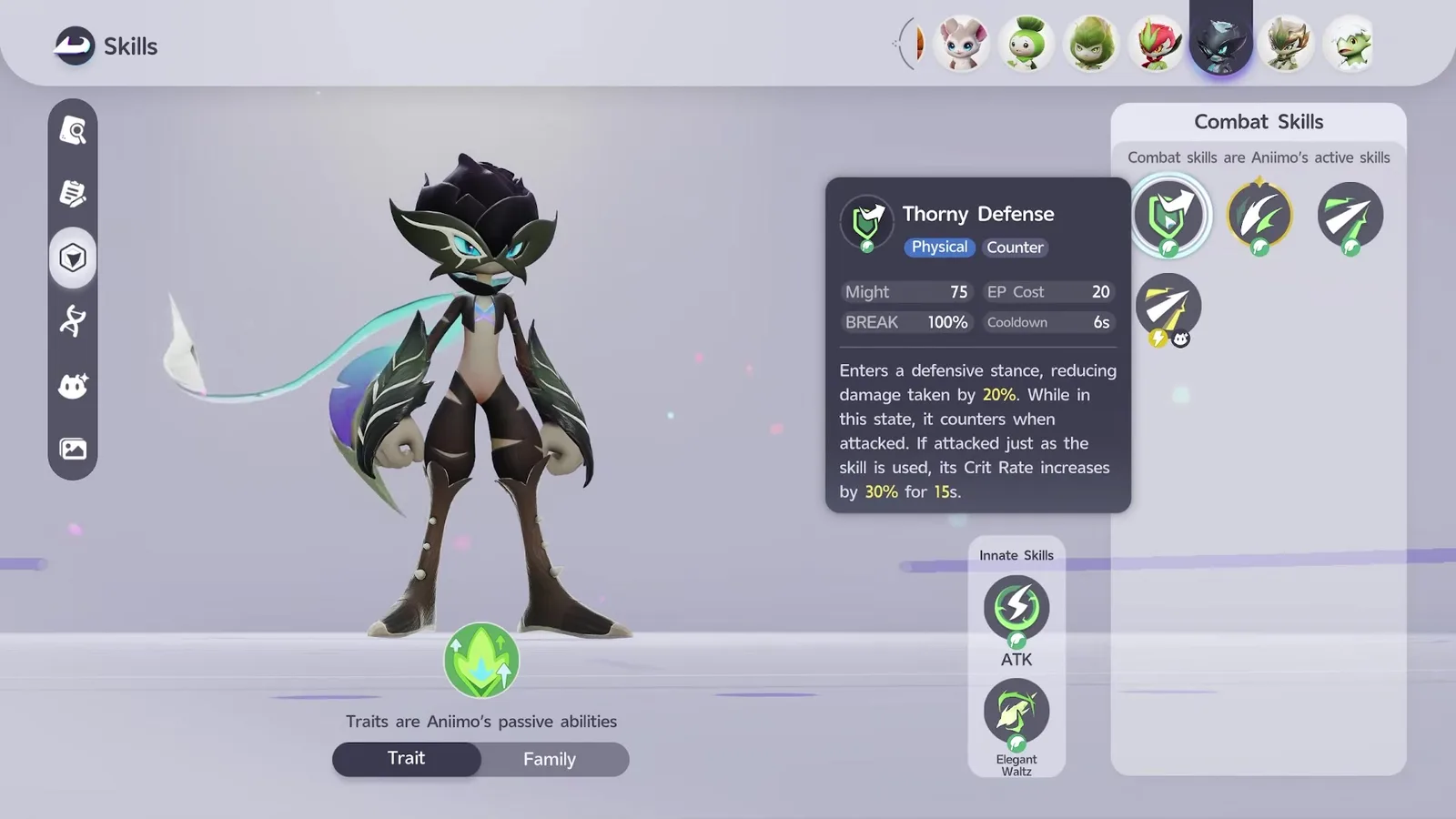 The Thorny Defense tooltip on the Aniimo Skills screen for Thunderstorm Thornblade, Physical and Counter, Might 75, EP Cost 20, BREAK 100 percent, Cooldown 6 seconds
