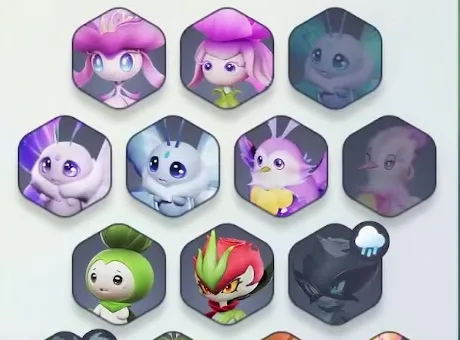 Close crop of the Sea of Flowers roster in Aniimo, a grid of hexagonal Aniimo tiles with a small blue rain cloud badge on the corner of the dark Thornblade tile