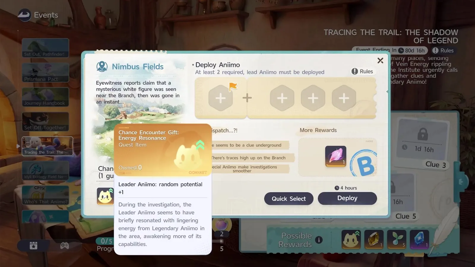 The Aniimo tooltip for Chance Encounter Gift: Energy Resonance, a Quest Item whose effect line reads Leader Aniimo: random potential +1, over the Tracing the Trail deployment panel