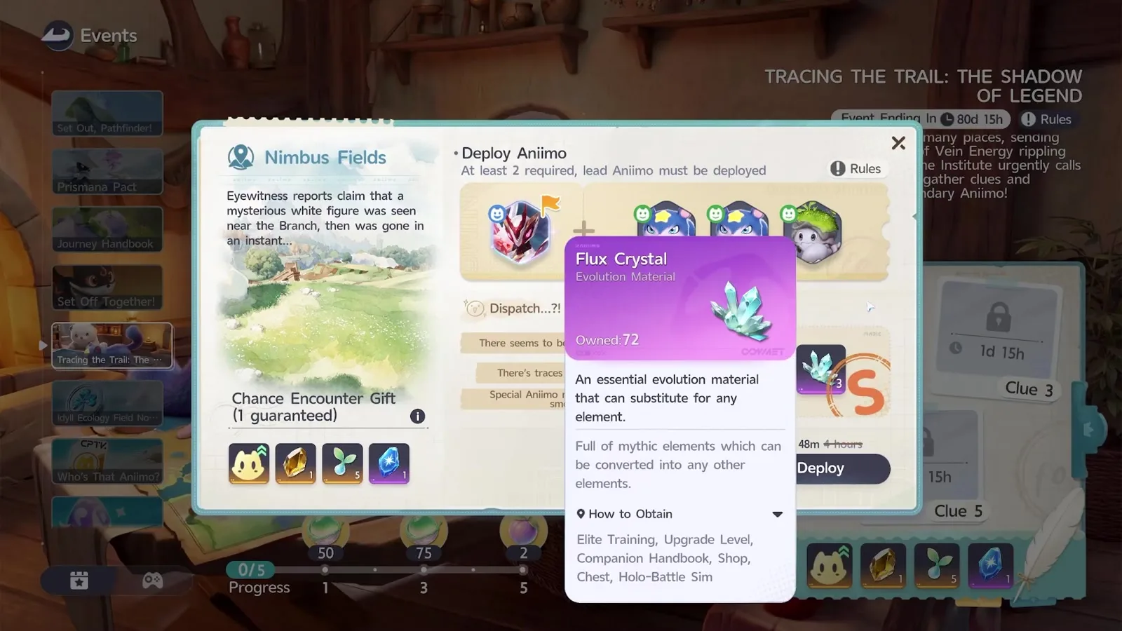 The Aniimo Flux Crystal tooltip, an Evolution Material described as an essential evolution material that can substitute for any element, shown beside a grade S investigation squad