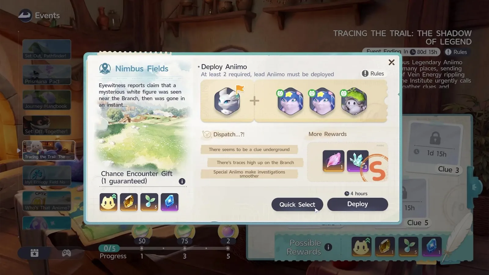 An Aniimo Tracing the Trail squad at grade S with three marked companions behind Lunara, paying one Irisalis Petal and three Flux Crystals, and a timer reading a plain 4 hours