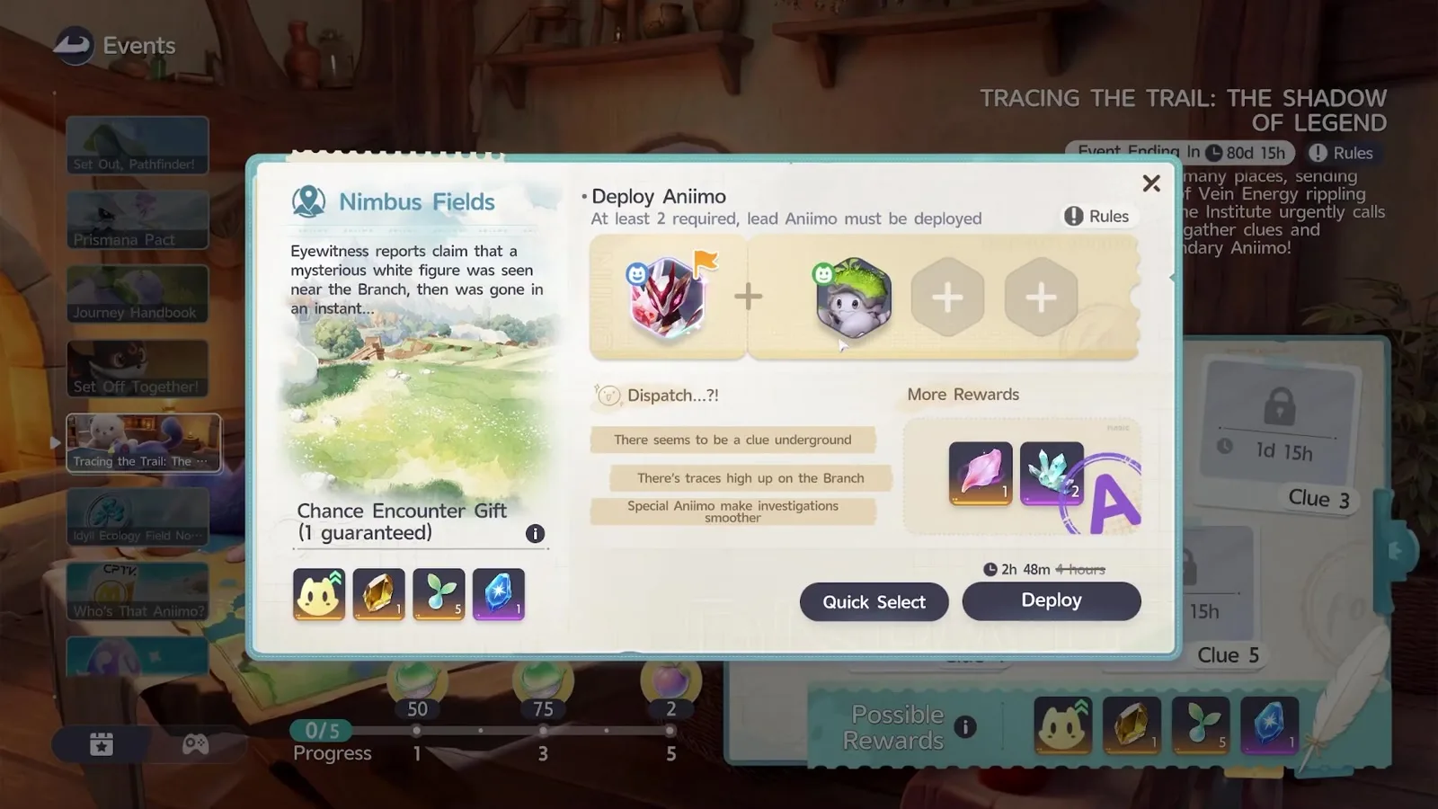 The Aniimo investigation panel at grade A with a Leader Aniimo and one companion deployed, rewards of one Irisalis Petal and two Flux Crystals, and a timer reading 2h 48m with 4 hours struck through