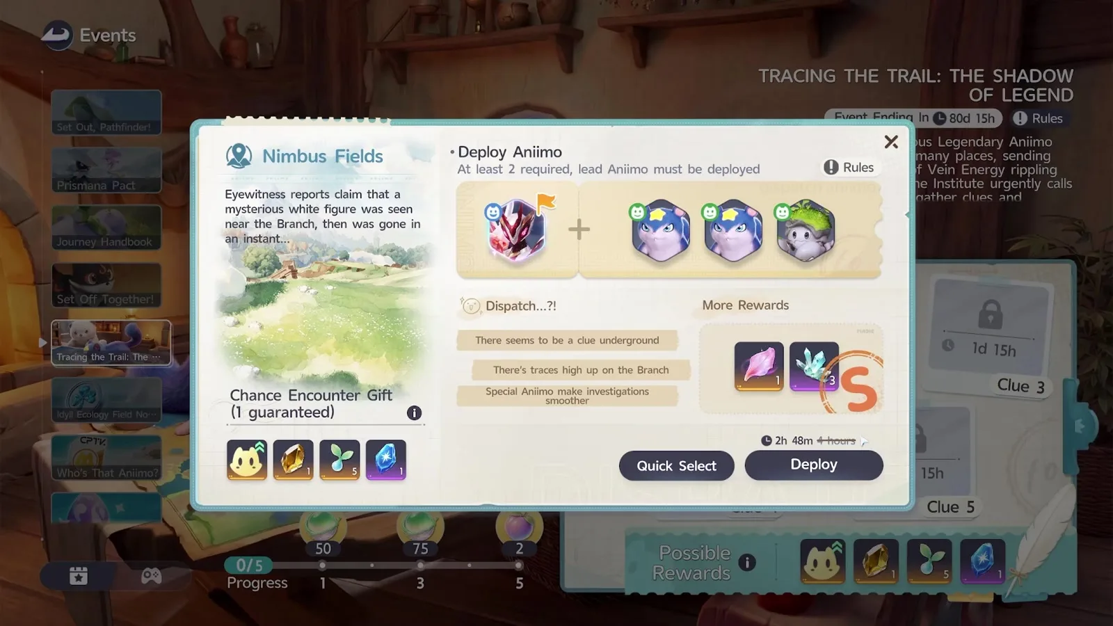 The Aniimo Tracing the Trail investigation panel at grade S, with a Leader Aniimo and three companions in all four slots and rewards of one Irisalis Petal and three Flux Crystals