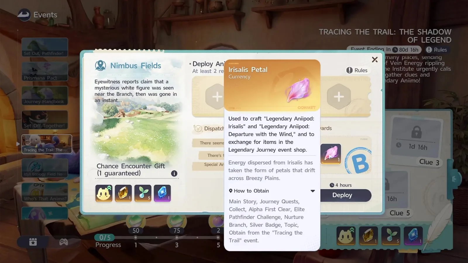 The Aniimo Irisalis Petal tooltip, a Currency used to craft Legendary Aniipod: Irisalis and Legendary Aniipod: Departure with the Wind, with a How to Obtain list ending in the Tracing the Trail event