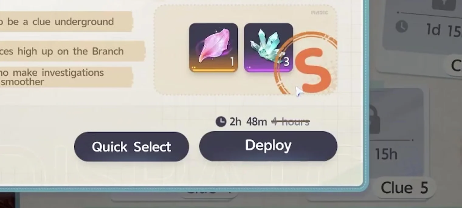 The Aniimo Tracing the Trail controls in close-up: an orange S badge beside one Irisalis Petal and three Flux Crystals, a 2h 48m timer, and the Quick Select and Deploy buttons