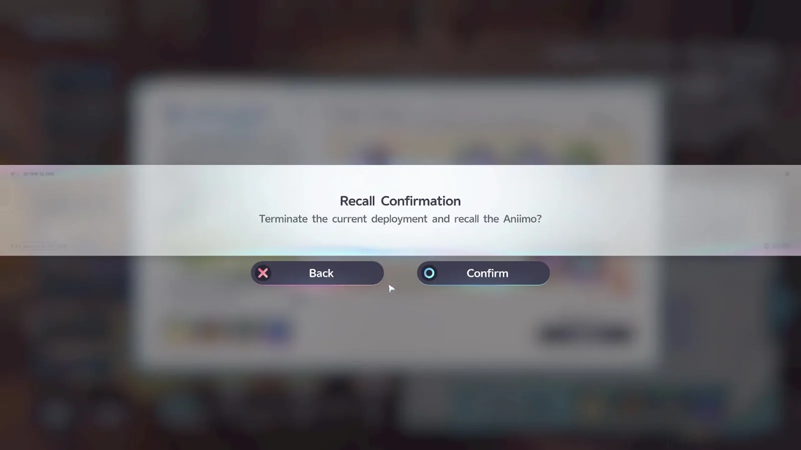 The Aniimo Recall Confirmation dialogue for a Tracing the Trail deployment, asking Terminate the current deployment and recall the Aniimo? above Back and Confirm buttons