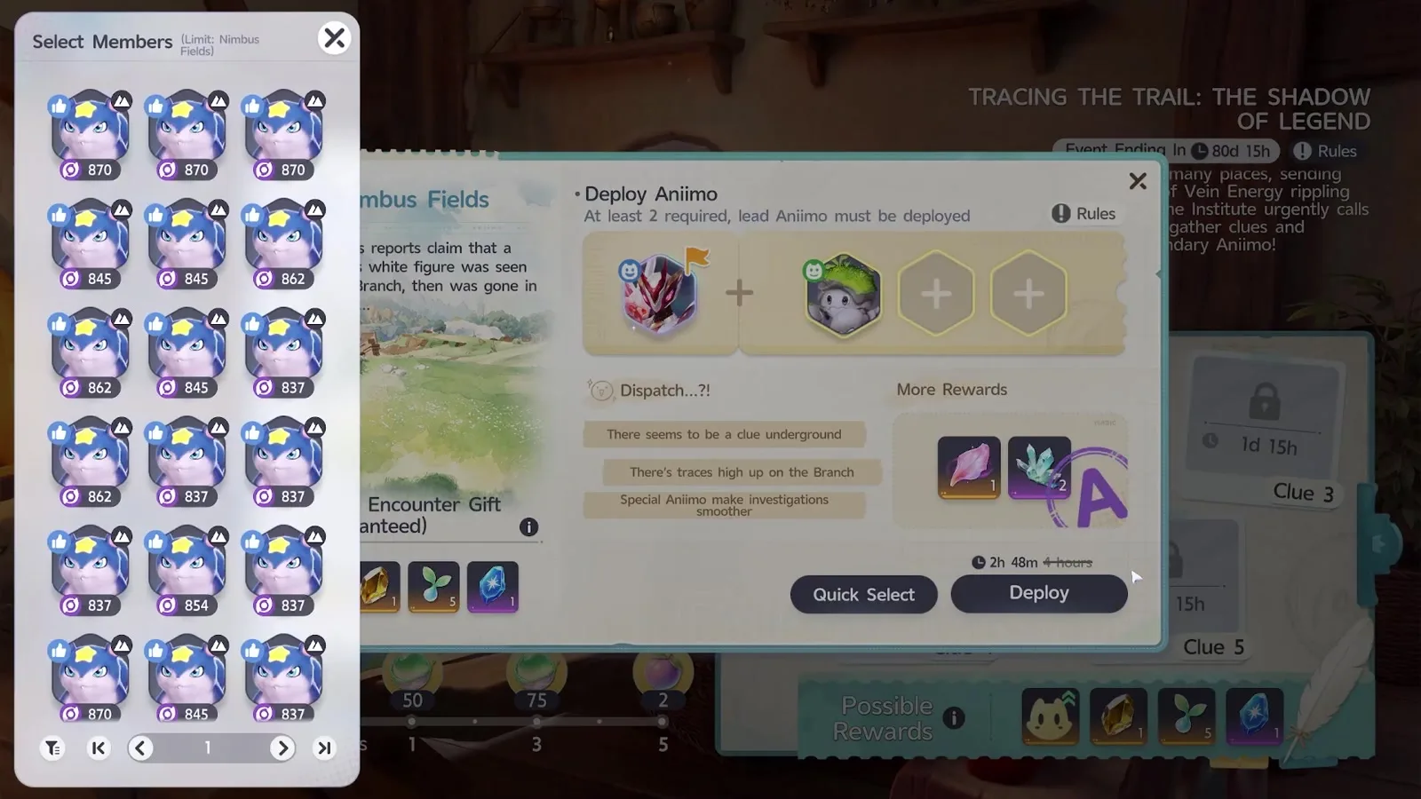 The Aniimo Select Members roster for Nimbus Fields, portraits carrying a blue thumb badge in the corner, a dark terrain disc and power values of 870, 862, 854, 845 and 837