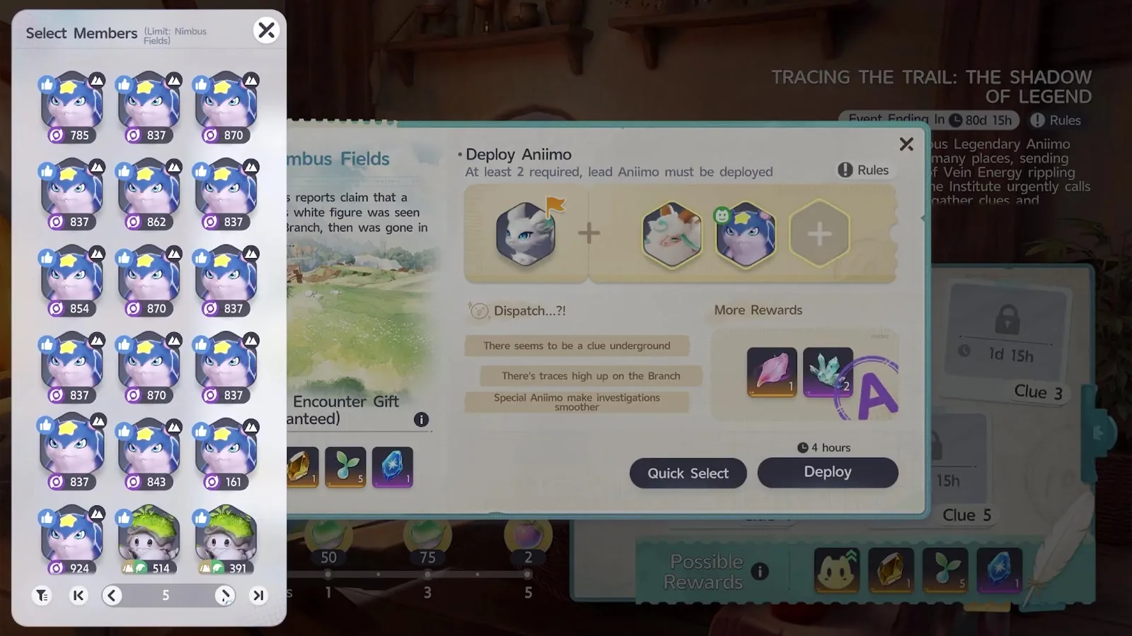 Three Aniimo deployed in the Tracing the Trail panel but the badge still reads A, because only one companion carries the green face marker, beside the Select Members roster