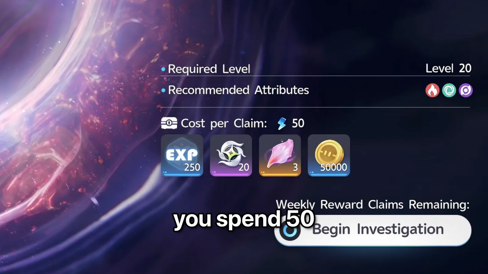 Aniimo Memory: The Faded Rainbow panel, Required Level 20, Fire, Wind and Dark recommended, Cost per Claim 50, rewards 250 EXP, 20 stamps, 3 petals, 50000