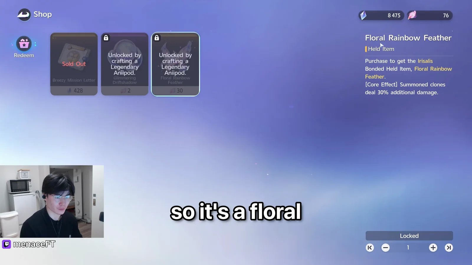 Aniimo Floral Rainbow Feather held item tooltip, Irisalis Bonded Held Item, Core Effect summoned clones deal 30% additional damage, 30 petals, locked