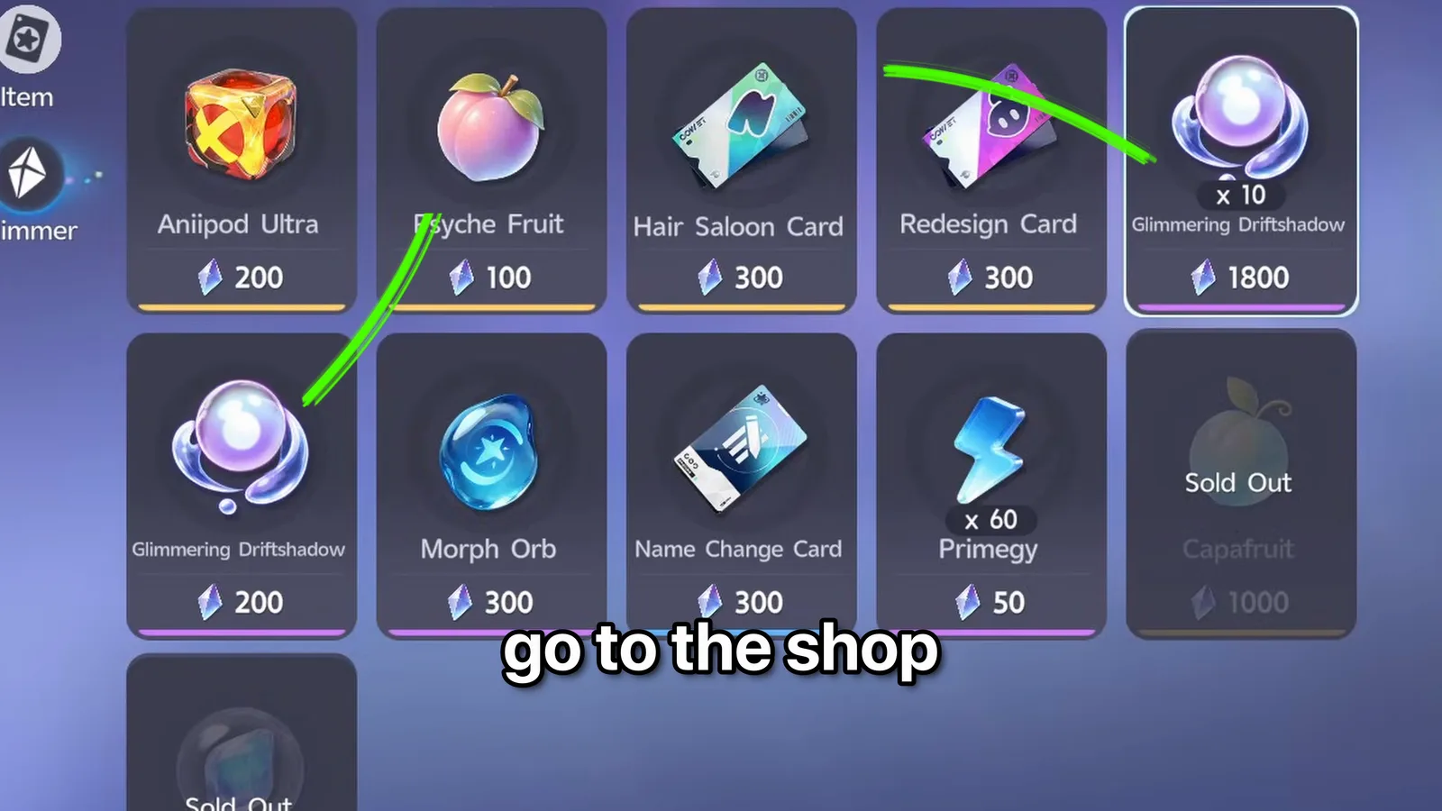 Aniimo shop Glimmer tab listing Glimmering Driftshadow at 200 Glimmer and a pack of 10 at 1800, beside Aniipod Ultra, Hair Saloon Card and Primegy