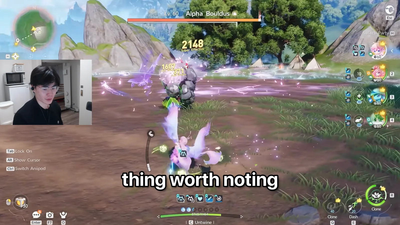 Aniimo Irisalis fighting a Lv. 60 Alpha Bouldus for 2148 Super Effective damage, with her Clone skills on the Q and R keys and Dash on E