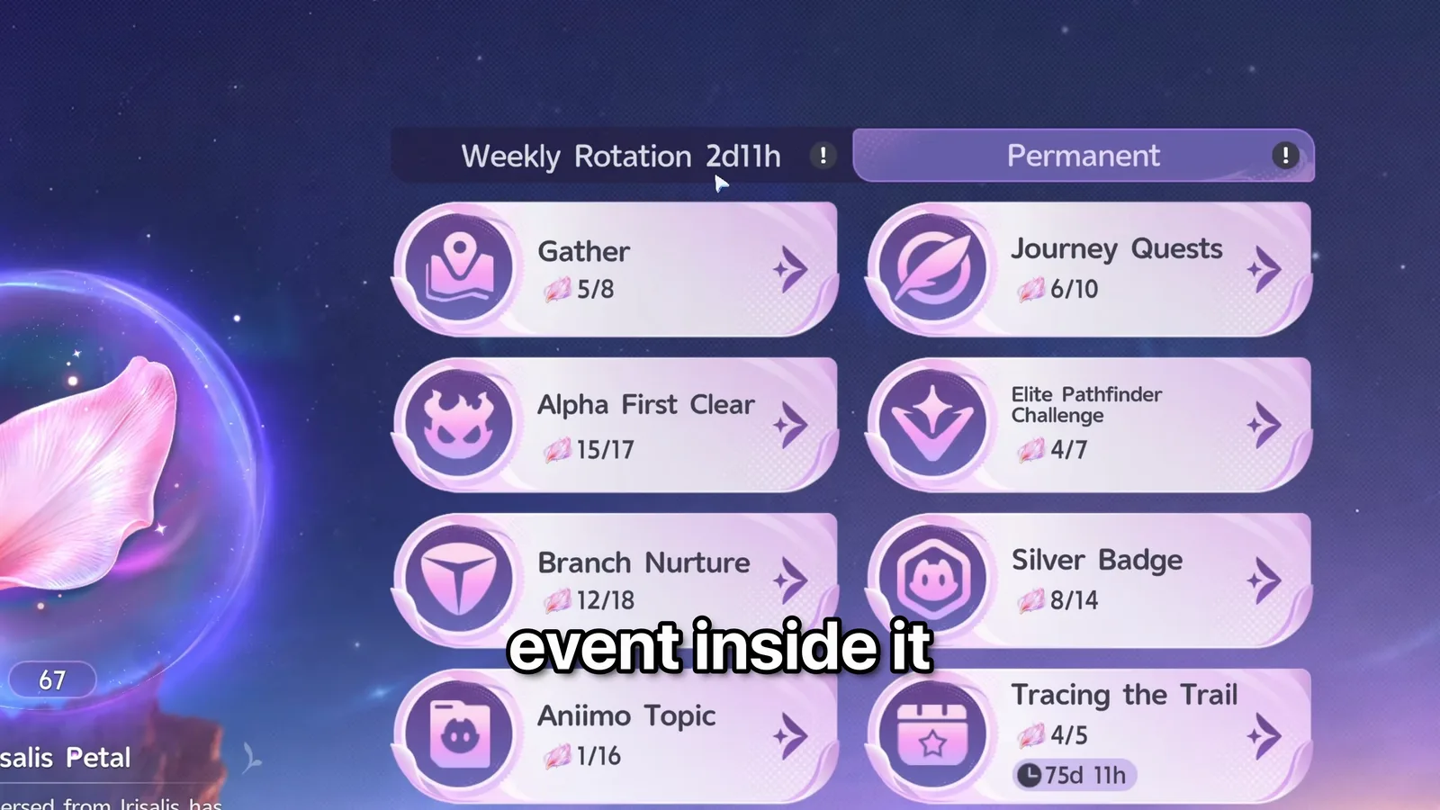 Aniimo Irisalis Petal Permanent tab: Gather 5/8, Journey Quests 6/10, Alpha First Clear 15/17, Elite Pathfinder Challenge 4/7, Branch Nurture 12/18, Silver Badge 8/14