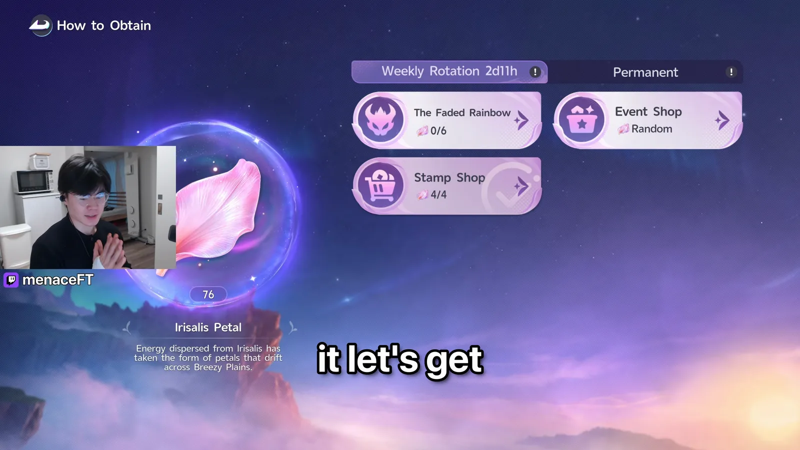 Aniimo How to Obtain for the Irisalis Petal, Weekly Rotation tab resetting in 2d 11h: The Faded Rainbow 0/6, Event Shop Random and Stamp Shop 4/4