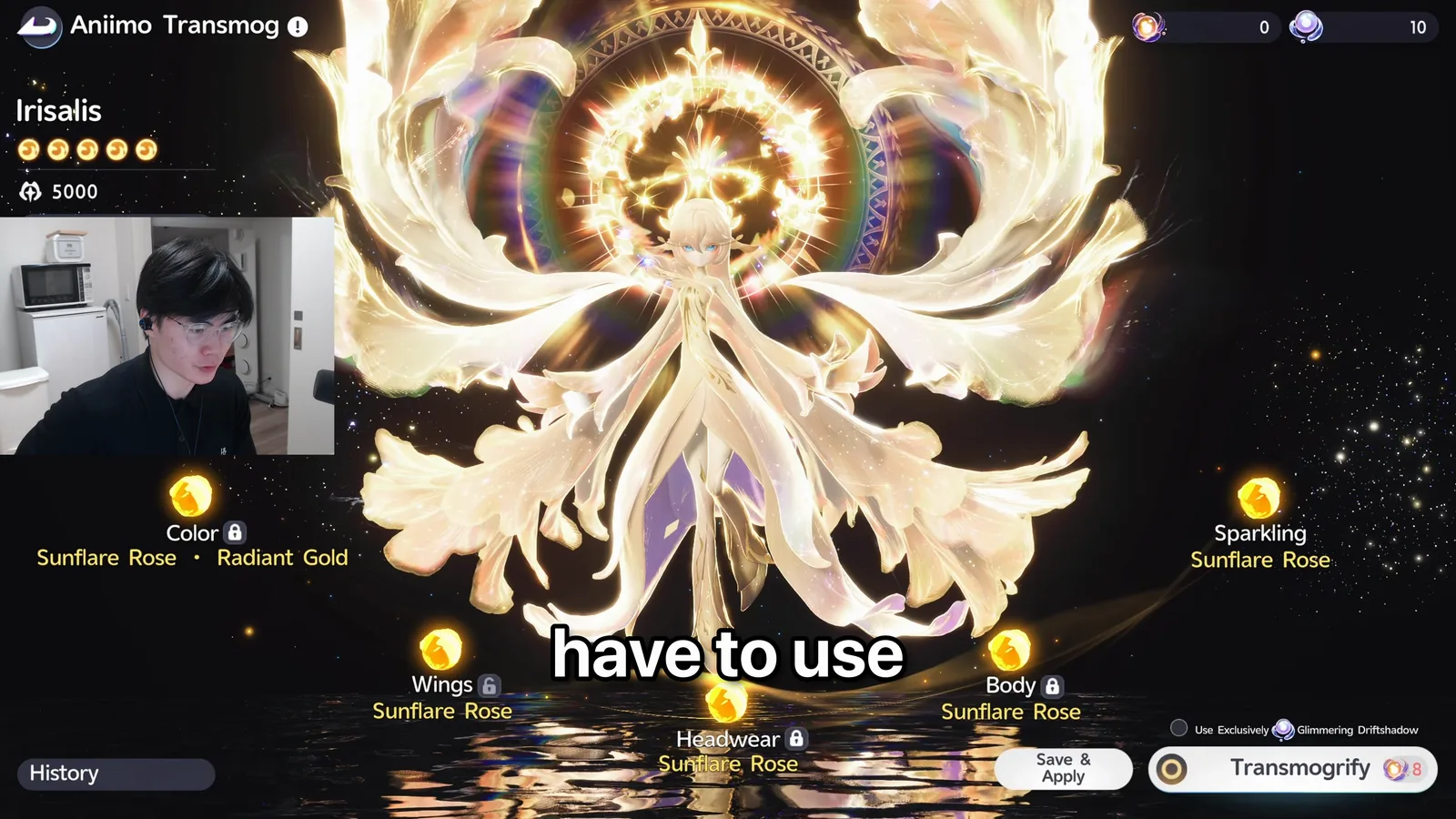 Aniimo Irisalis in the gold Sunflare Rose set, Transmog Score 5000, Color, Headwear and Body locked, Transmogrify costing 8 Radiant Dreamshadow
