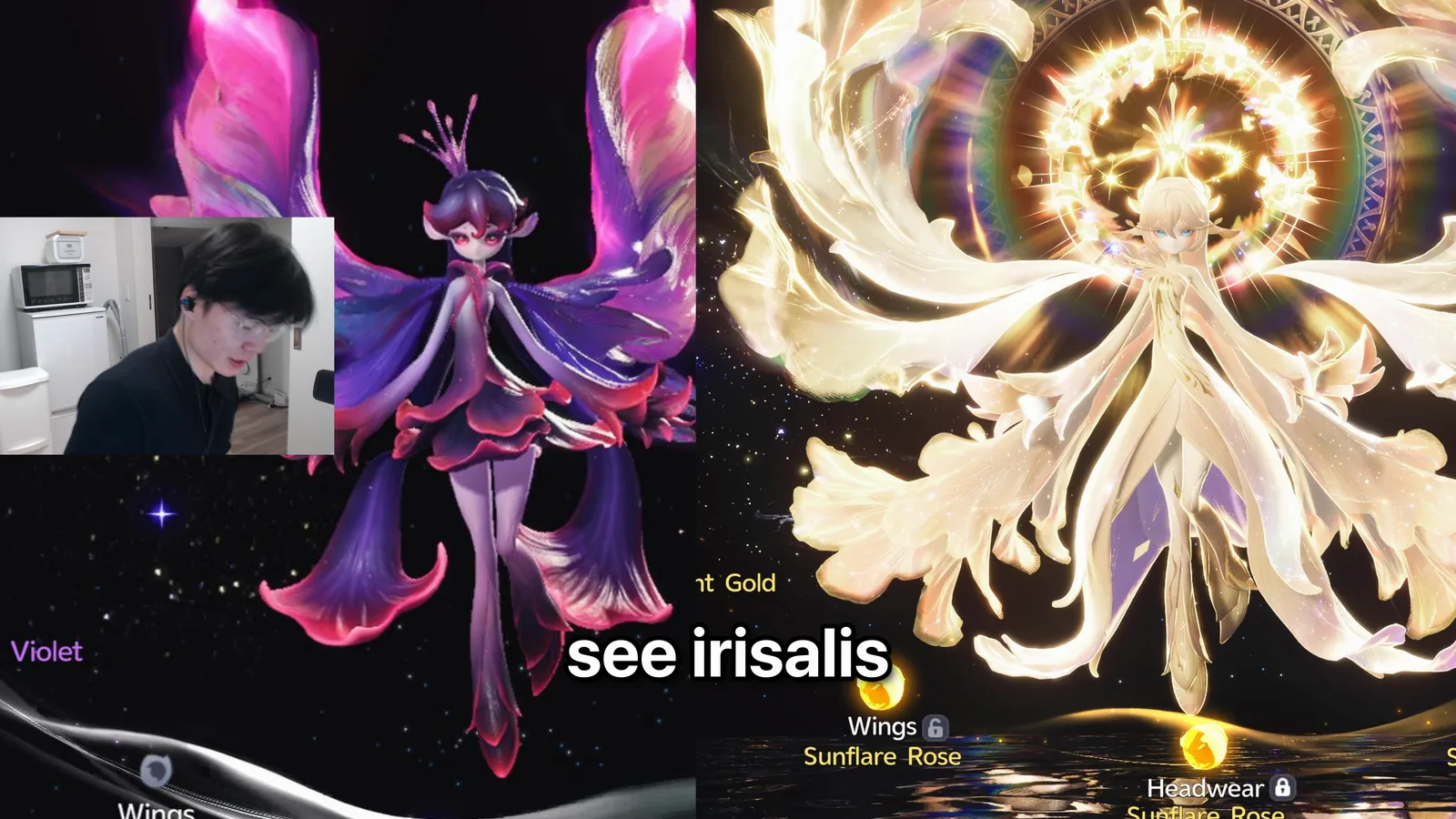 Aniimo Irisalis Body part comparison, the base violet petal gown on the left against the flowing cream Sunflare Rose gown with a gold halo on the right