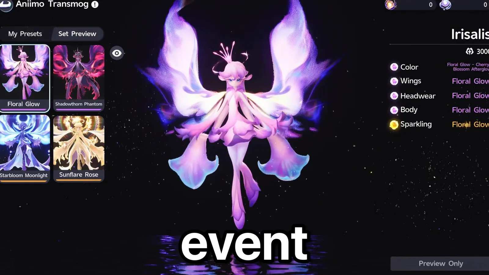 Aniimo Transmog Set Preview for Irisalis, Floral Glow on all five parts, beside Shadowthorn Phantom, Starbloom Moonlight and Sunflare Rose cards