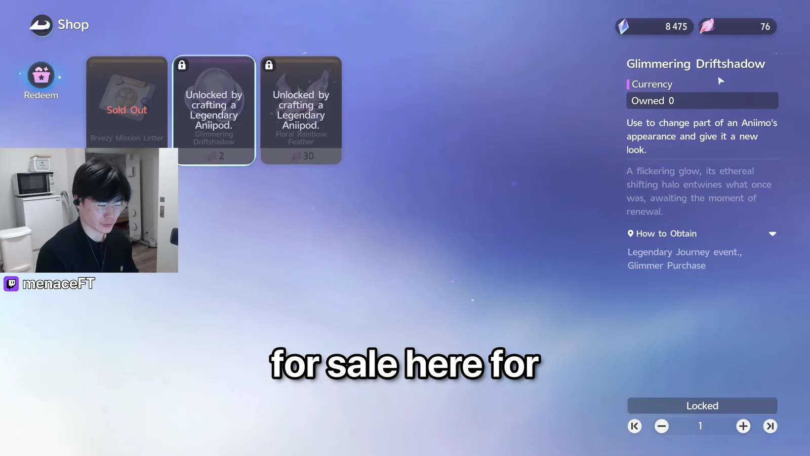 Aniimo Legendary Journey shop with Breezy Mission Letter sold out and Glimmering Driftshadow for 2 petals, Unlocked by crafting a Legendary Aniipod