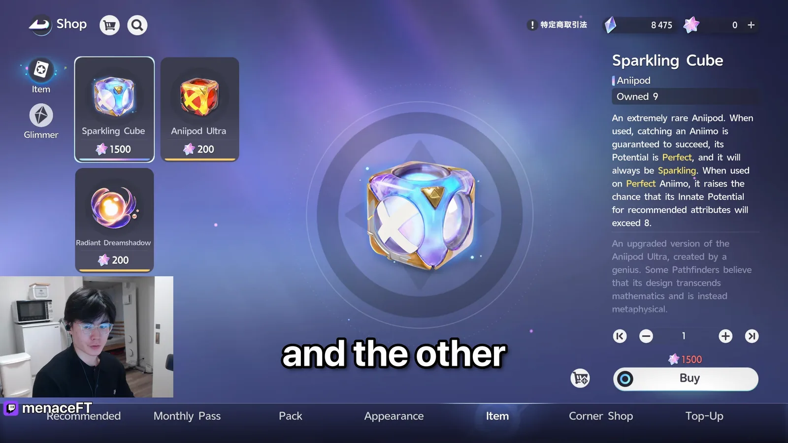 Aniimo shop Item tab priced in Lumin Crystals: Radiant Dreamshadow 200, Sparkling Cube 1500 and Aniipod Ultra 200, with the Sparkling Cube tooltip open