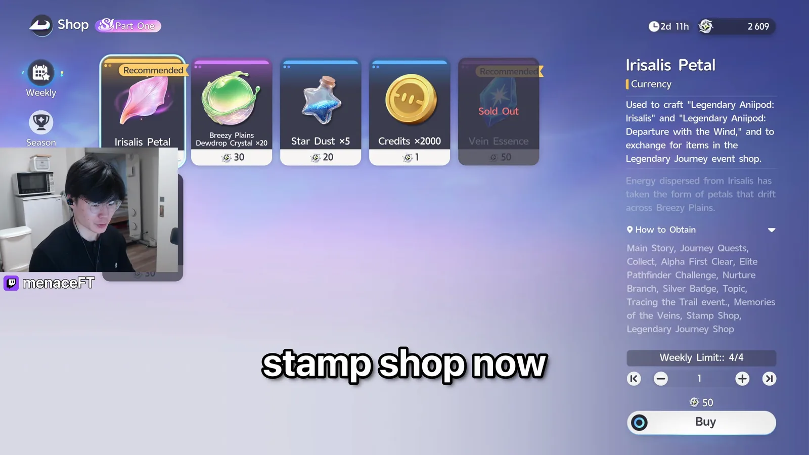 Aniimo Stamp Shop Weekly tab, Irisalis Petal tagged Recommended at 50 stamps with Weekly Limit 4/4, resetting in 2d 11h with 2609 stamps held