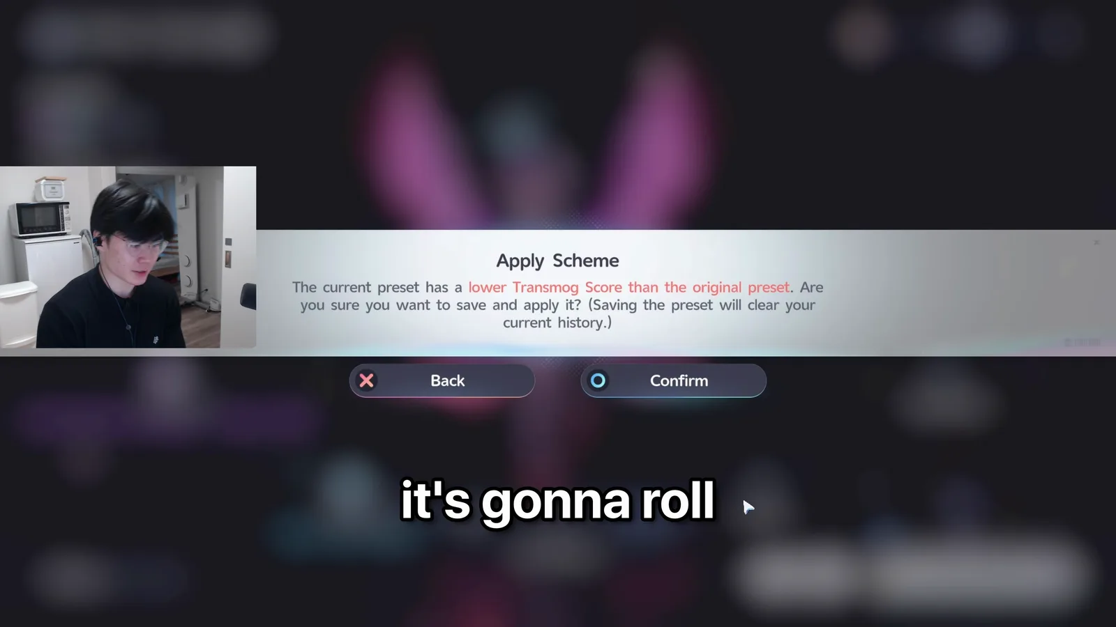 Aniimo Apply Scheme dialog: the current preset has a lower Transmog Score than the original preset, saving the preset will clear your current history