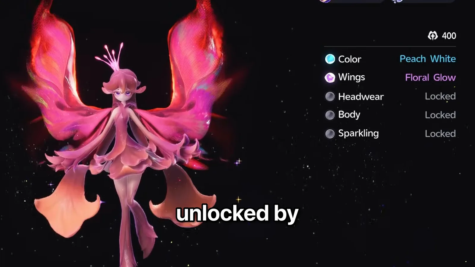 Aniimo Irisalis Transmog part list in pink, Color Peach White and Wings Floral Glow unlocked, Headwear, Body and Sparkling marked Locked, score 400