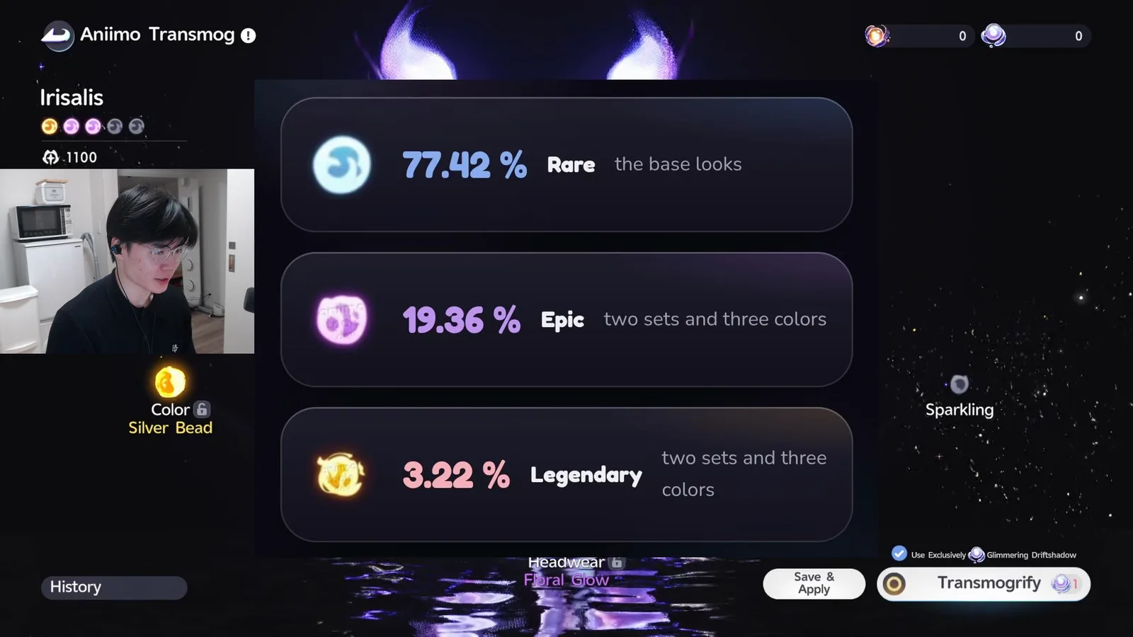 Aniimo Transmog rarity odds card over the Irisalis screen: 77.42% Rare the base looks, 19.36% Epic and 3.22% Legendary, two sets and three colors