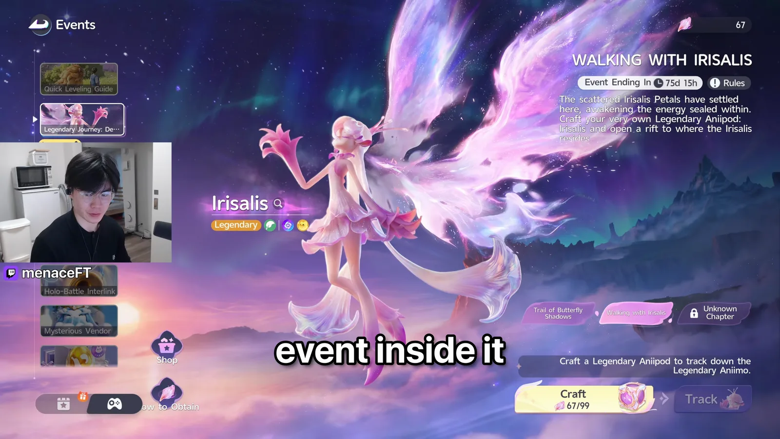 Aniimo Events screen Walking with Irisalis, Event Ending In 75d 15h, Irisalis tagged Legendary, and the Craft button reading 67 of 99 petals
