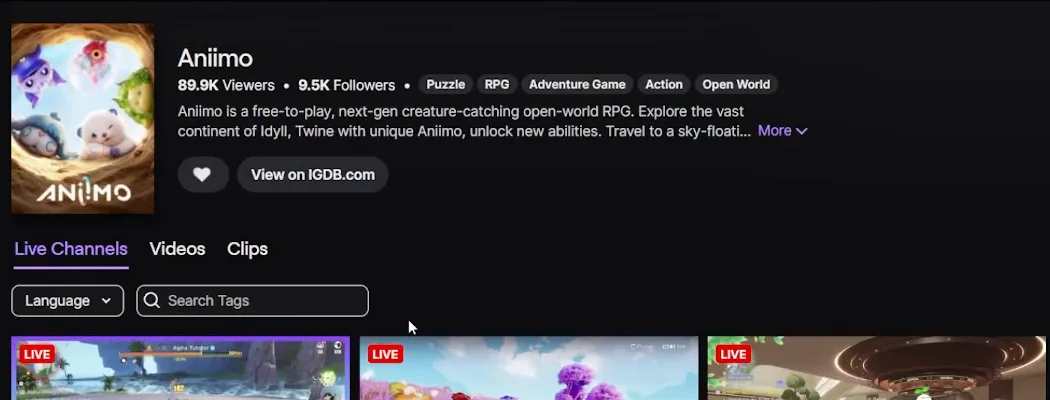 The Aniimo category header on Twitch: the game art, 89.9K viewers and 9.5K followers, the Puzzle, RPG, Adventure Game, Action and Open World tags, the Live Channels tab and the Search Tags filter