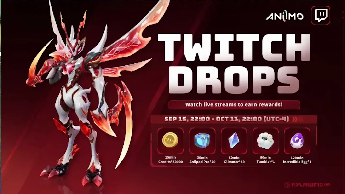 The official Aniimo Twitch Drops campaign banner showing Prismana Fulmintis, the dates September 15 22:00 to October 13 22:00 UTC minus 4, and the five reward tiers