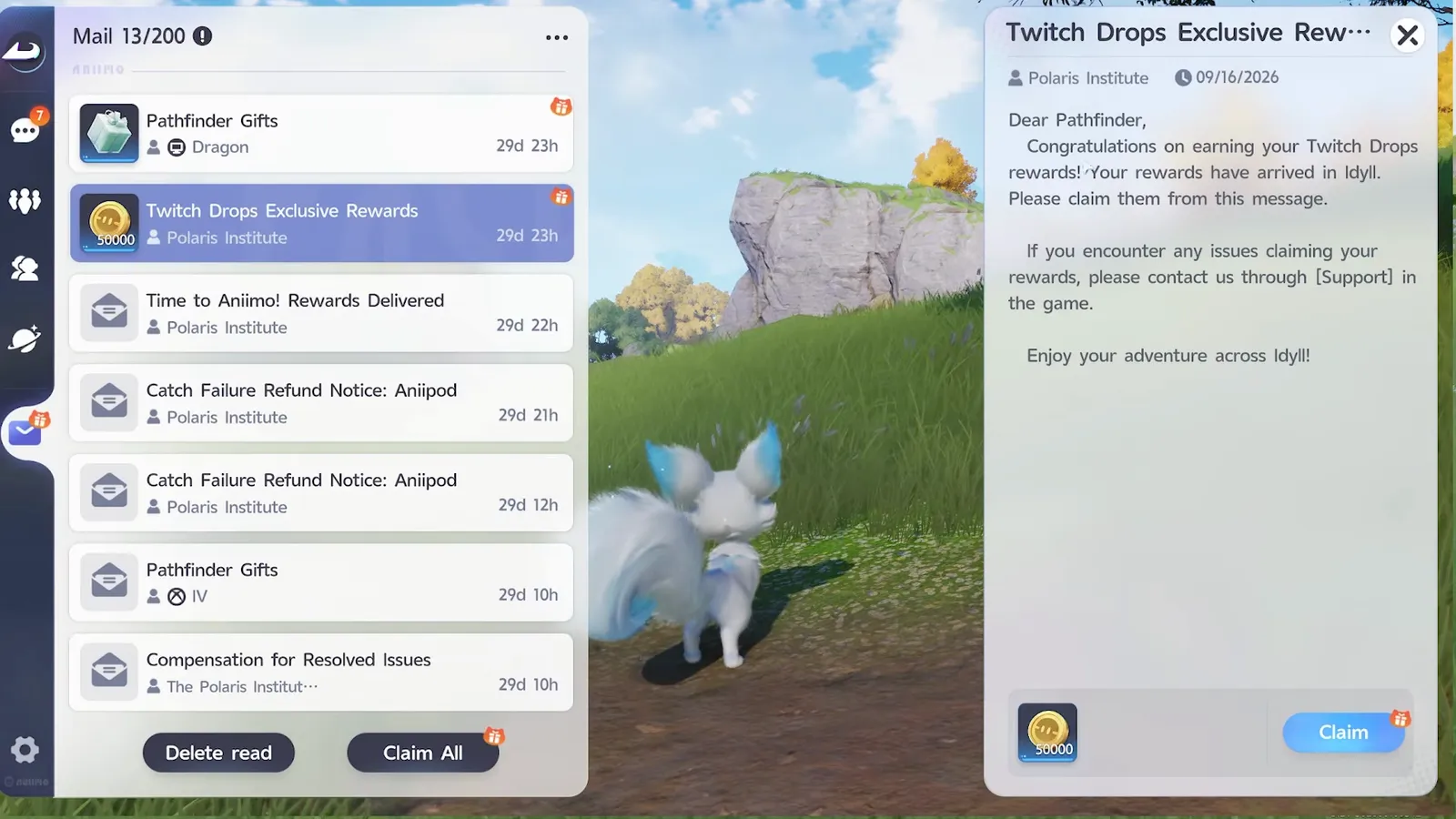 The Aniimo in-game mailbox with the Twitch Drops Exclusive Rewards message open, its text from the Polaris Institute, a 50,000 Credits attachment and the Claim button