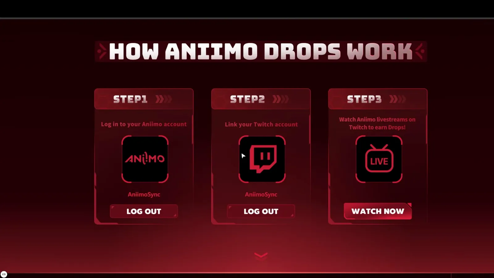 The How Aniimo Drops Work panel with three cards: Step 1 log in to your Aniimo account, Step 2 link your Twitch account, Step 3 watch Aniimo livestreams on Twitch to earn Drops
