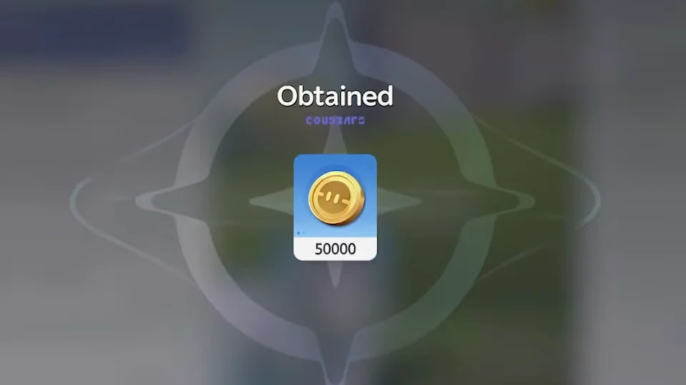 The Obtained burst in Aniimo after claiming the Twitch Drops mail, a gold Credits card reading 50000 at the centre of a star