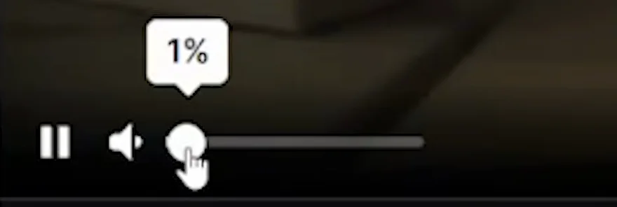 A Twitch player control bar with the pause button, the speaker icon and the volume slider lifted just off zero, the tooltip above the handle reading 1 percent