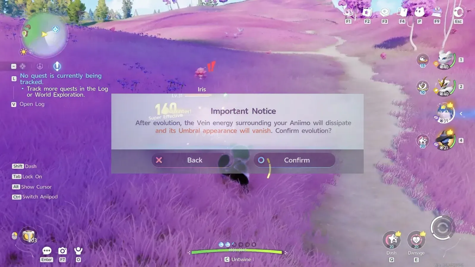 The game's Important Notice before evolving an Umbral: After evolution, the Vein energy surrounding your Aniimo will dissipate and its Umbral appearance will vanish. Confirm evolution? The Iris nameplate behind the dialog belongs to a wild Iris