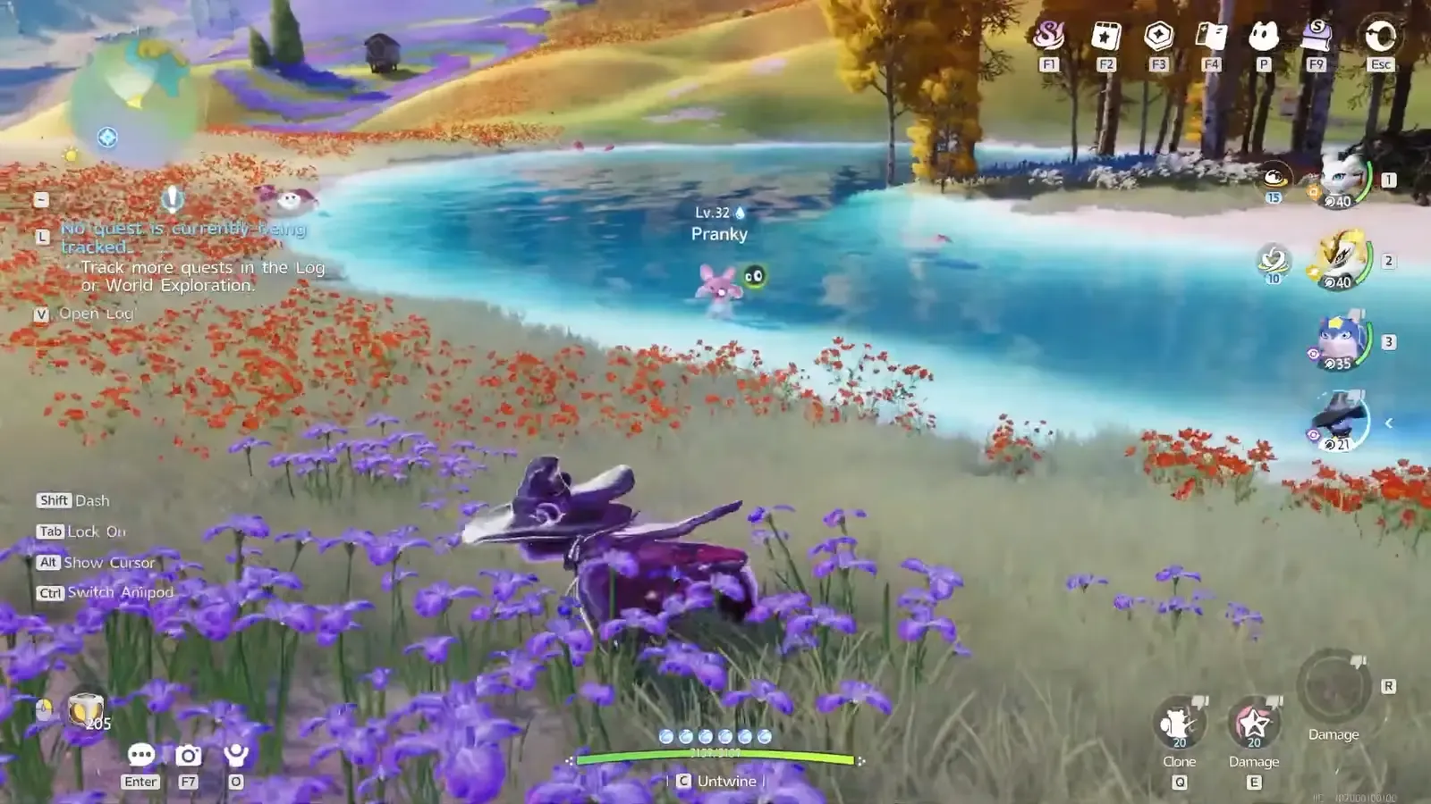 An Umbral Stellarys in a flower meadow by a lake, with a wild level 32 Pranky in the water