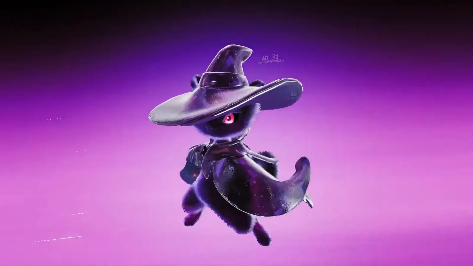 Portrait of an Umbral Stellarys: black and purple starry cloak and witch hat with a glowing pink eye, an evolved Aniimo caught already Umbral